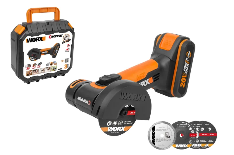 Mini amoladora chopper 20v worx wx801 | disco 76 mm | 19.500 rpm | con batería 2,0 ah y cargador | bolsa + discos