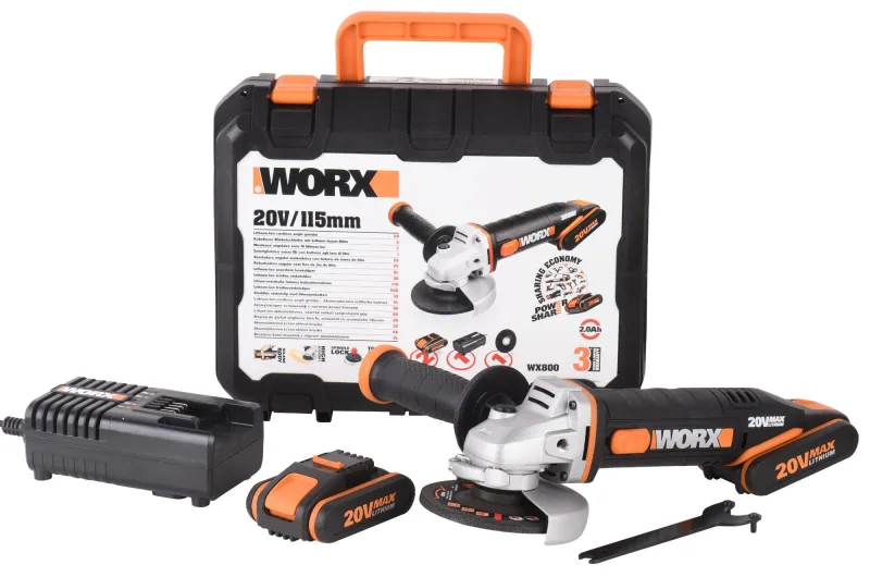 Amoladora radial a batería worx wx800.2 | 115 mm | 20v | con 2 baterías 2,0 ah + cargador