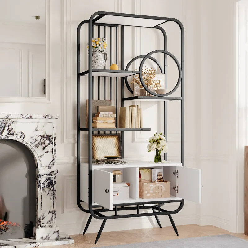 Estantería moderna 80 x 30 x 180 cm con patas altas, 2 puertas blancas, estantes abiertos en mdf, estructura de metal, negro