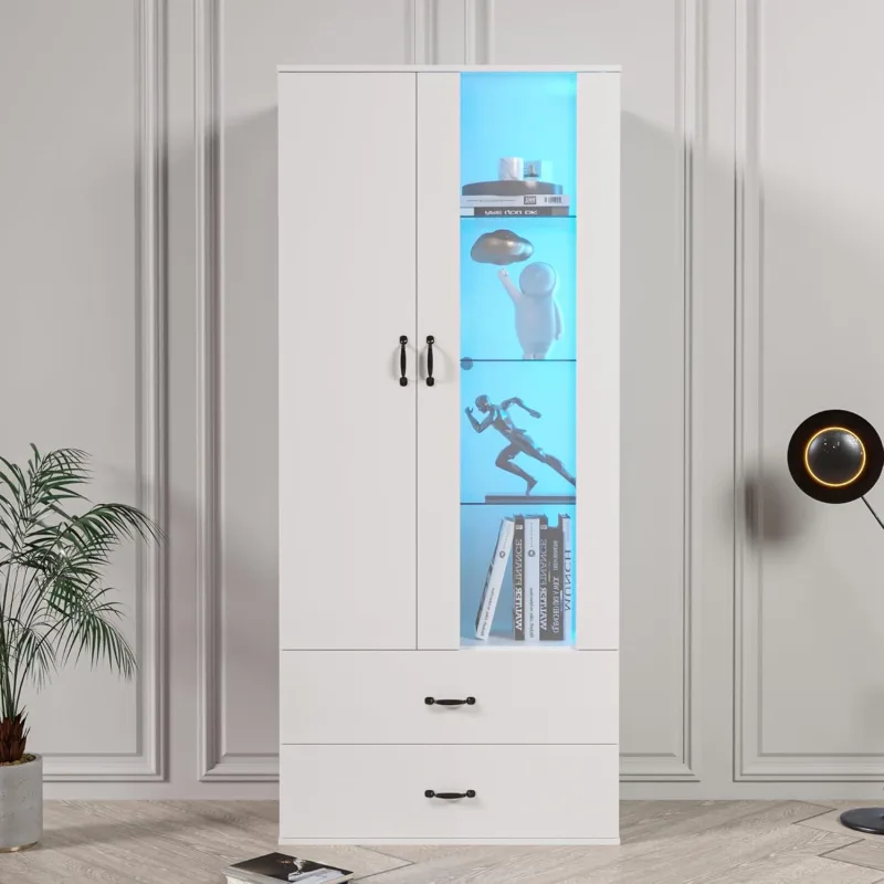 Armario alto blanco de cristal con puerta de cristal y 2 cajones — 59,4 x 35 x 182 cm
