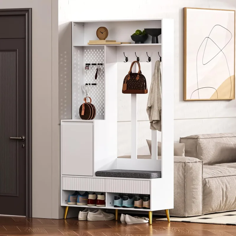 Perchero de entrada con banco zapatero, armario, cajones y estantes para calzado — 100 x 35 x 180 cm