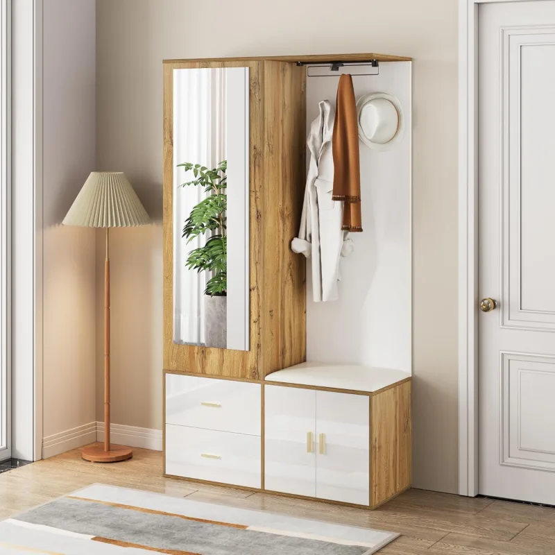 Conjunto de perchero con espejo, perchero de 2 ganchos, barra extensible, zapatero y armario con 2 cajones — 100 x 38 x 180 cm