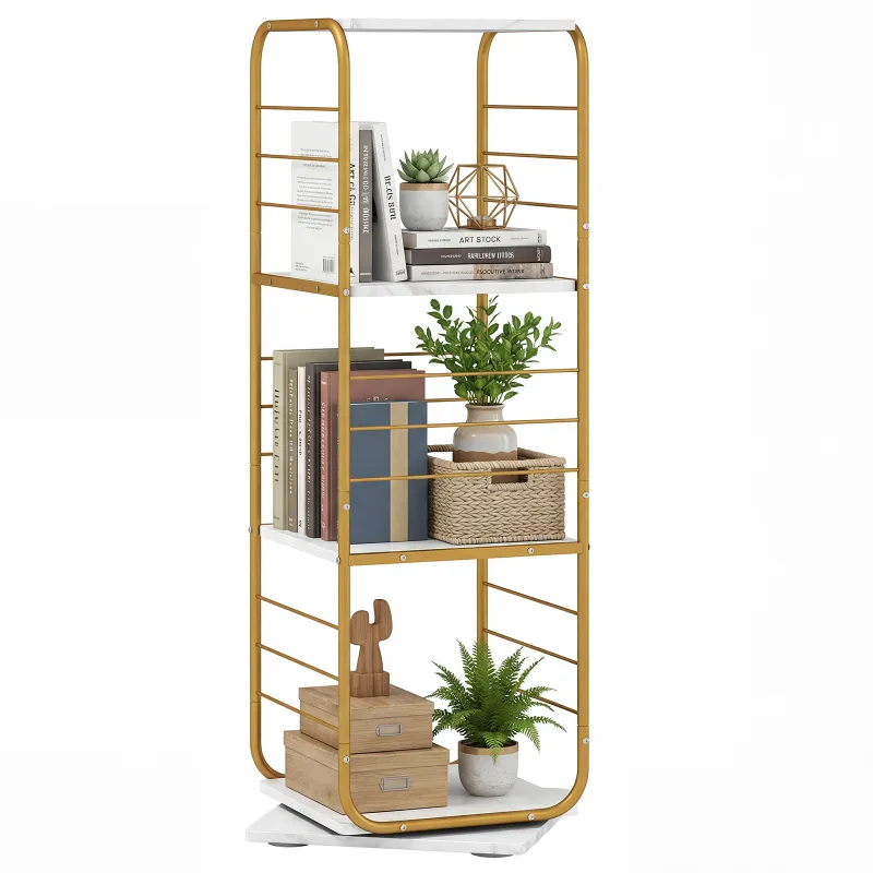 Estantería giratoria de 4 niveles, torre giratoria de 360° con estructura metálica, estantería esquinera compacta que ahorra espacio, expositor