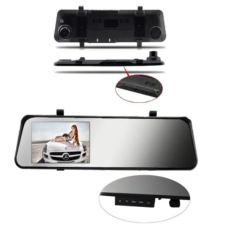 Monitor de espejo retrovisor dvr graba video de marcha atrás 2 cámaras para auto
