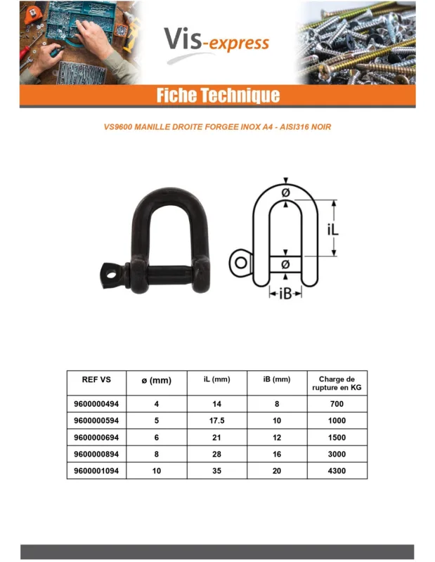 Grillete recta forjada inoxidable a4 negro diámetro 10