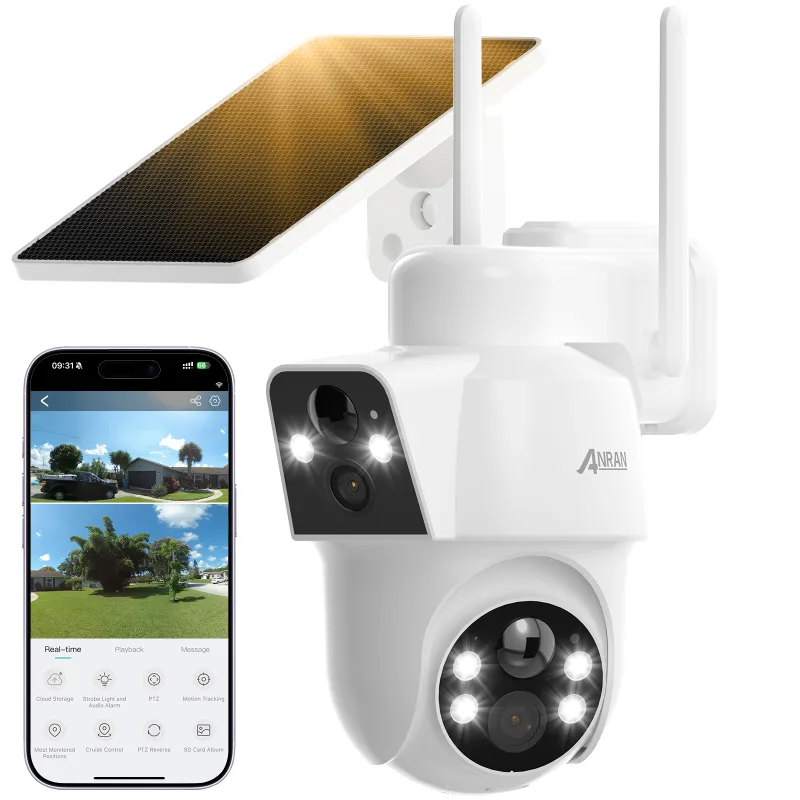Cámara de seguridad solar anran, cámara dual inalámbrica para exteriores con detección humana pir y visión nocturna a color.