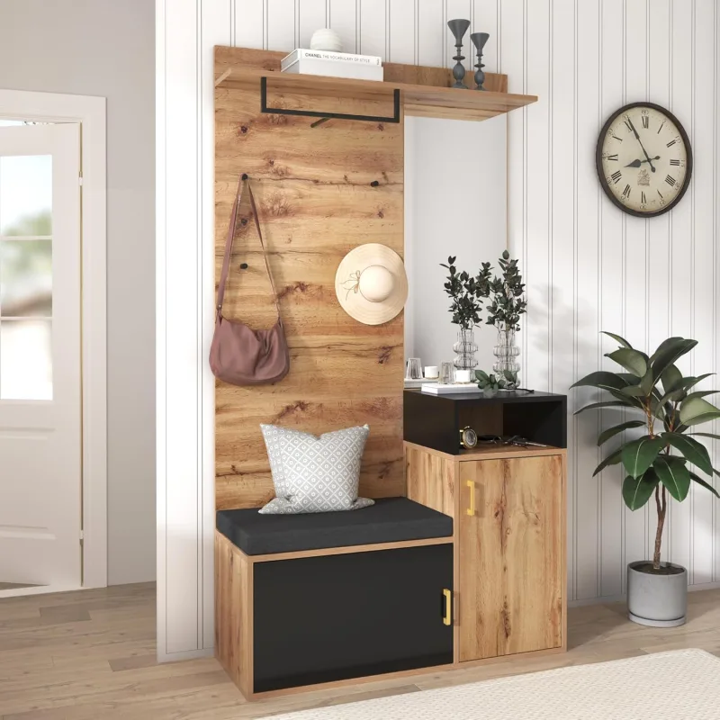 Juego de 4 piezas: perchero, espejos, zapatero, perchero de pared con estante superior y barra para ropa.