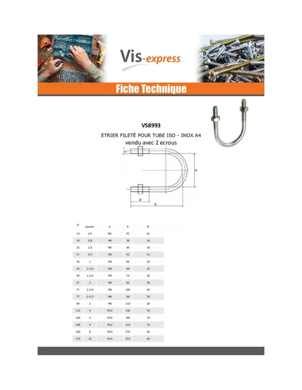 Estribo inoxidable a4 fondo redondo con tubo de 71 roscado m8/40