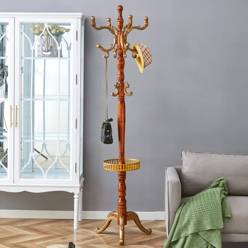 Perchero de pie 48x195 cm con pies antideslizantes, con estantes, madera maciza, acabado efecto madera de rábano