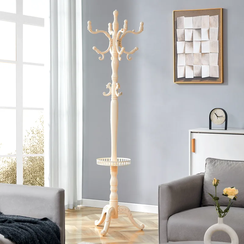 Perchero de pie 48x195 cm con pies antideslizantes, con almacenamiento, en madera maciza, color blanco crema