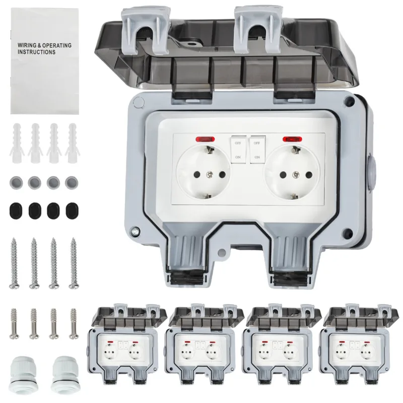 Lote de 5 tomas de corriente dobles estancas para exterior toma estanca ip66 16 a con interruptores independientes, en saliente, gris/negro