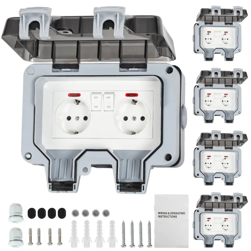 Lote de 5 tomas de corriente dobles estancas para exterior toma estanca ip66 16 a con interruptores independientes, en saliente, gris/negro