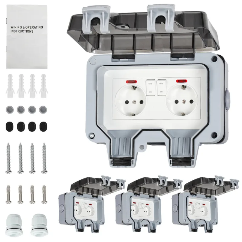 Lote de 4 tomas de corriente dobles para exterior estancas. toma estanca ip66 16 a con interruptores independientes, empotrable, gris/negro