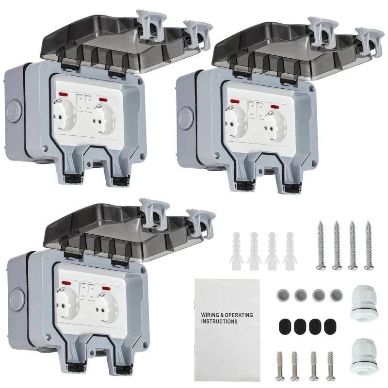 Lote de 3 tomas de corriente dobles para exterior estancas. toma estanca ip66 16 a con interruptores independientes, empotrable, gris/negro