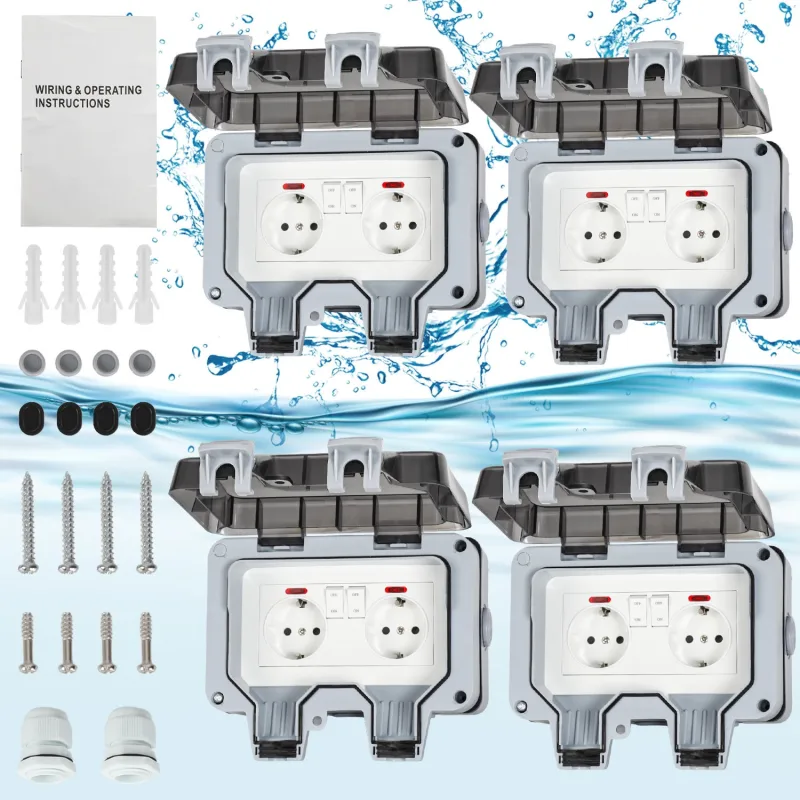 Lote de 4 tomas de corriente dobles de pared para exteriores, estancas ip66, 16 a, con interruptores independientes y tapa con cierre de seguridad