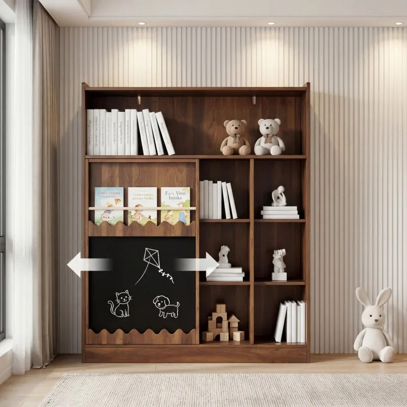 Librería de 9 compartimentos con bandeja deslizante y revistero - mdf - nogal (120x38,5x151,5cm)