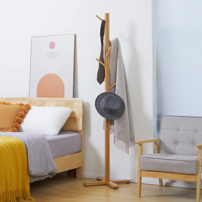 Perchero de pie elegante y minimalista 49,5x49,5x178 cm con 8 ganchos, en bambú, color natural