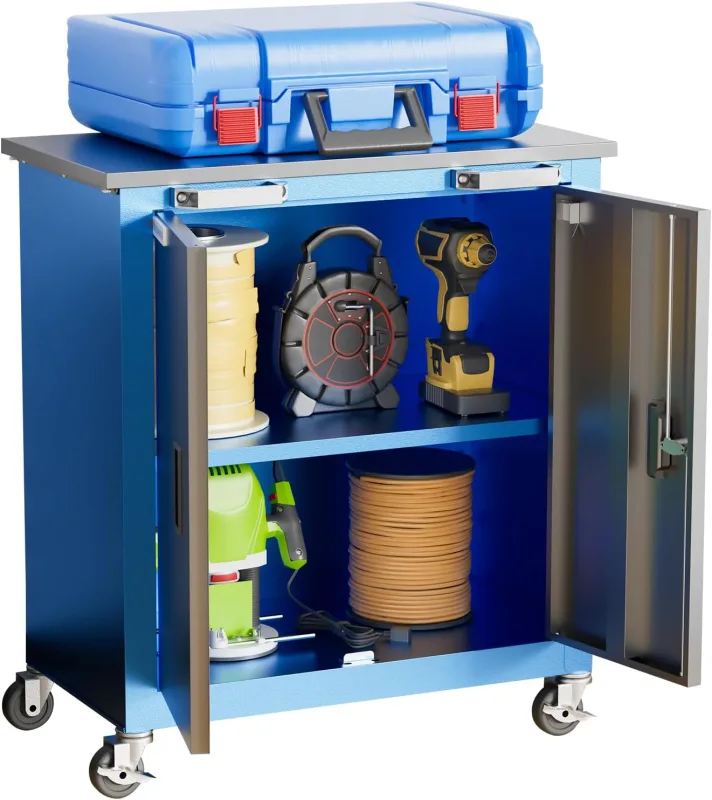 Armario de herramientas con ruedas y 4 patas acolchadas, armario de herramientas con 2 puertas y estantes ajustables.