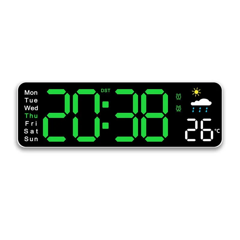 Reloj de pared digital con indicador de temperatura, reloj meteorológico con caja blanca y luz verde.