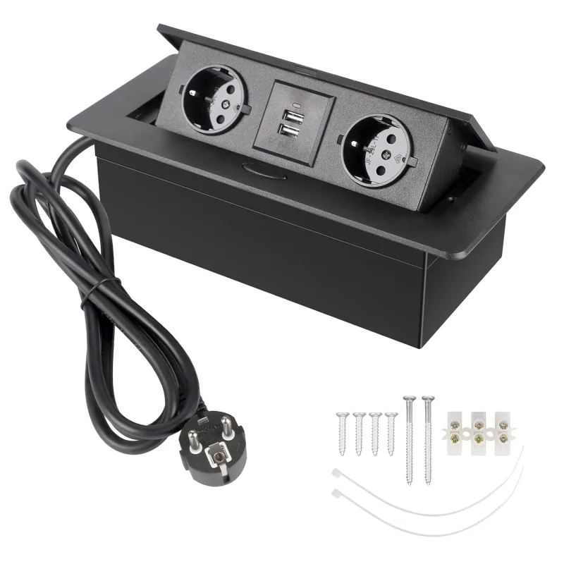 Regleta de enchufes empotrable negra para encimera de cocina, con 2 tomas de corriente + 2 puertos usb/conectores/cable de 1,8 m.