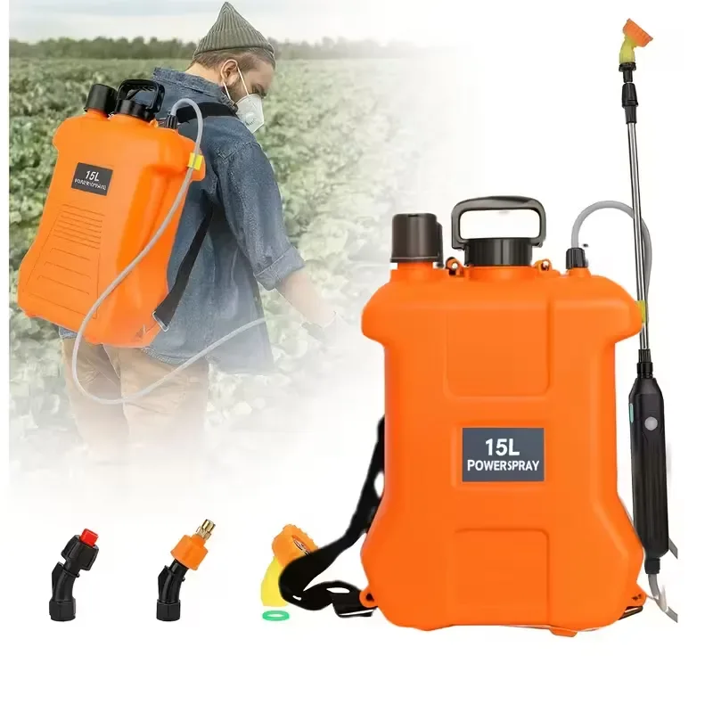 Pulverizador eléctrico de jardín, pulverizador de riego eléctrico trasero de 15 litros, recargable, color naranja.