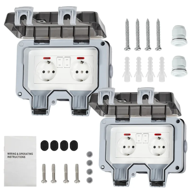 Lote de 2 tomas de corriente dobles para exterior, estancas, ip66, 16 a, con interruptores independientes, empotradas, gris/negro