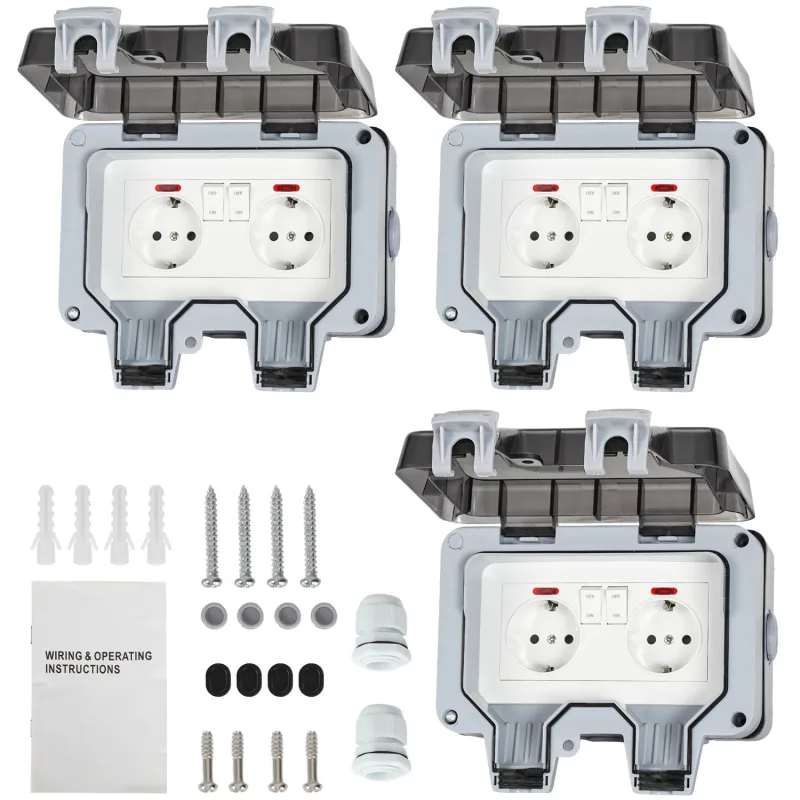 Lote de 3 tomas de corriente dobles para exterior estancas. toma estanca ip66 16 a con interruptores independientes, empotrable, gris/negro