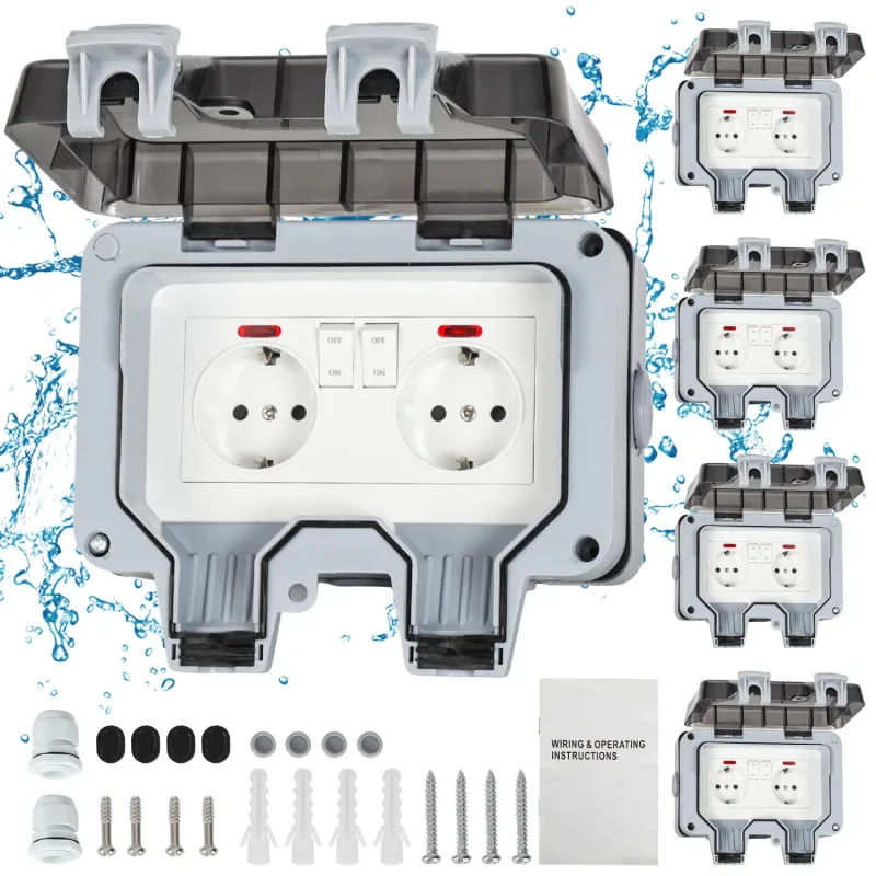 Lote de 5 tomas dobles de pared para exteriores, estancas ip66, 16 a, con interruptores independientes y tapa con cierre de seguridad