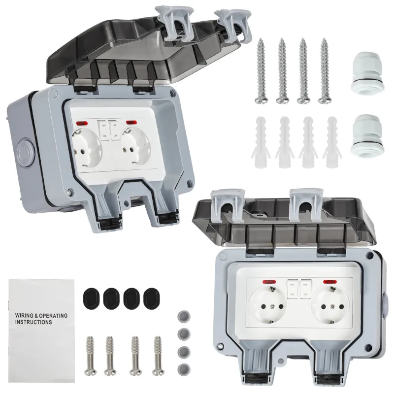 Lote de 2 tomas de corriente dobles para exterior, estancas, ip66, 16 a, con interruptores independientes, empotradas, gris/negro