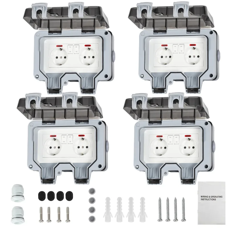 Lote de 4 tomas de corriente dobles para exterior estancas. toma estanca ip66 16 a con interruptores independientes, empotrable, gris/negro