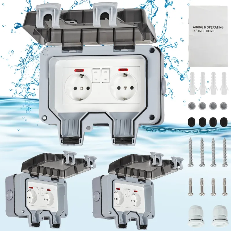 Lote de 3 tomas de corriente dobles de pared para exteriores, estancas ip66, 16 a, con interruptores independientes y tapa con cierre de seguridad