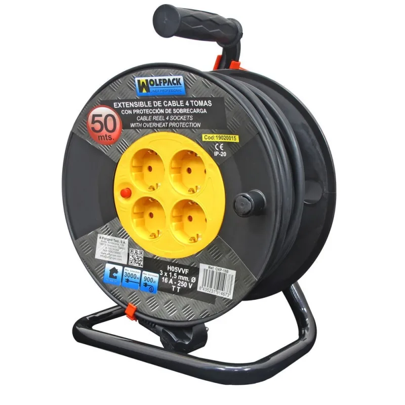 Extensible industrial 4 tomas 50 metros 3 x 1,5 mm. con protección sobrecarga