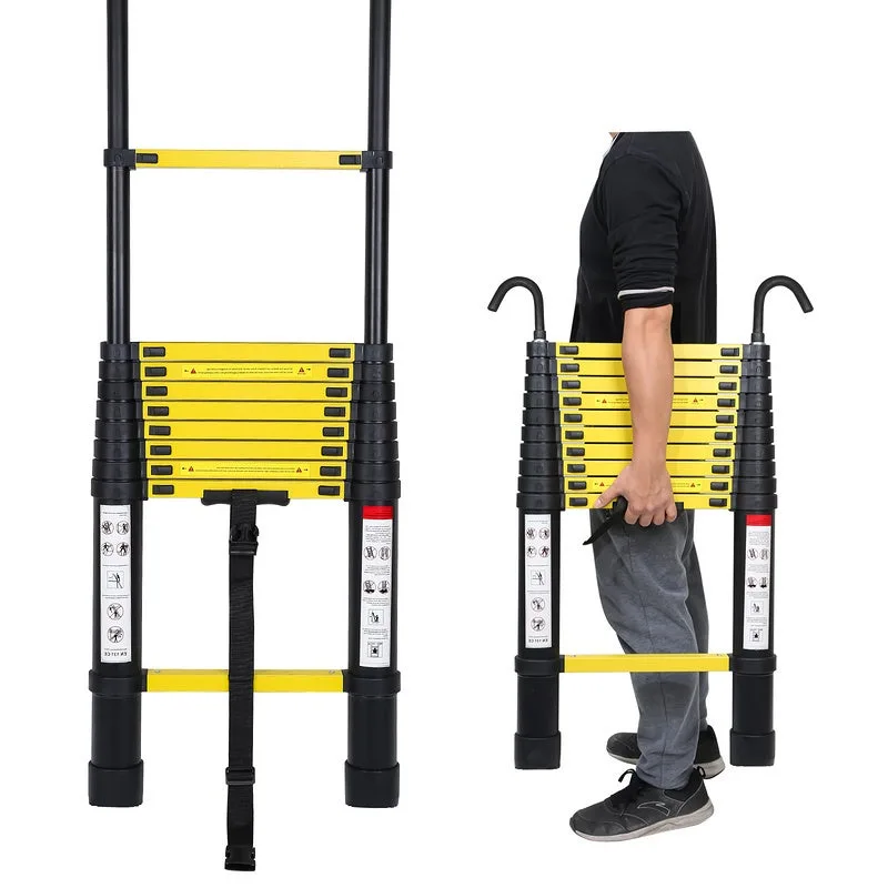Escalera telescópica con gancho escalera tijera aluminio negro+amarillo 3,2m