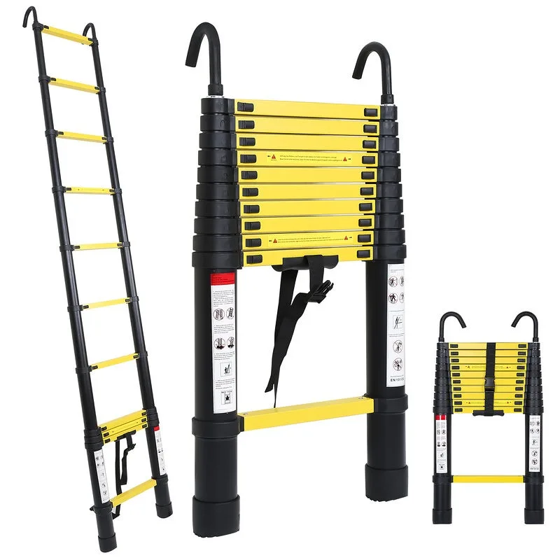 Escalera telescópica con gancho escalera tijera aluminio negro+amarillo 3,2m