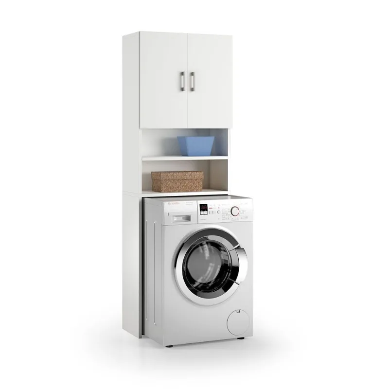 Columna de lavandería blanca sobre la lavadora con armario