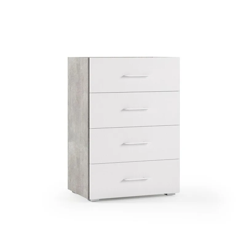 Cómoda multiusos de 4 cajones blanca con laterales de hormigón