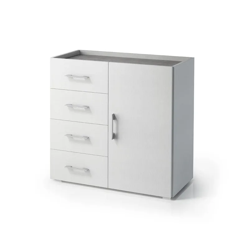 Armario blanco con puerta y cajones y bandeja gris cemento