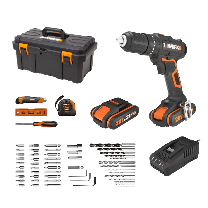 Taladro percutor a batería worx 20v brushless - 2 baterias - maletín - powershare
