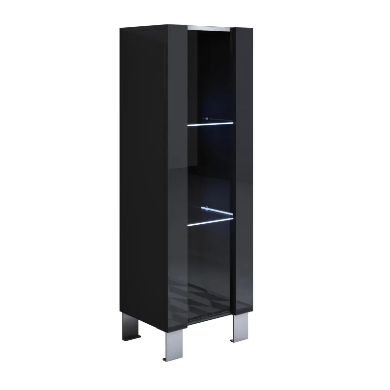 Vitrina con patas 12cm | armario | mueble de salón | vitrina de pared | led | 1 puerta | 40x138x29cm | modelo luke v2 | negro brillo