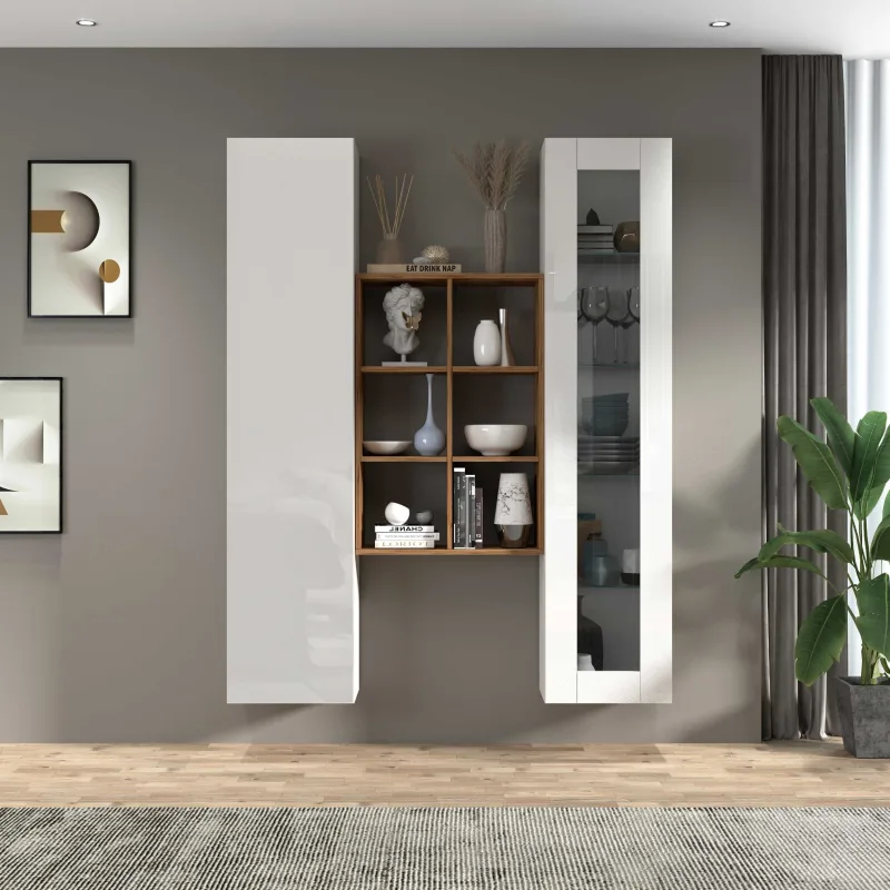 Mueble de salón blanco con vitrina librería y armario teret wh