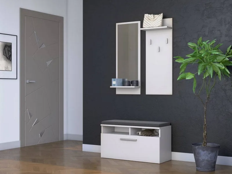 Anders | mueble entrada con cojín 85x46x35 cm | banco zapatero 3 ganchos espejo | armario blanco