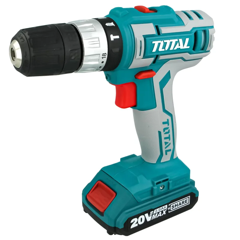 Total tools - taladro percutor a batería p20s de 20v | portabrocas automático hasta 10 mm | 2 velocidades y luz led | incluye 2 baterías 2 ah, cargado