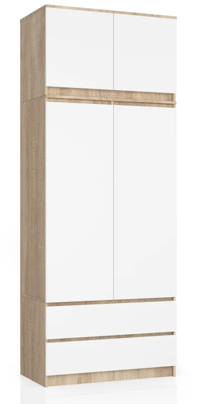 Armario akord s90 con altillo roble sonoma 90 cm 2 puertas 2 cajones frente en color blanco 6 estantes 90x51x234 cm