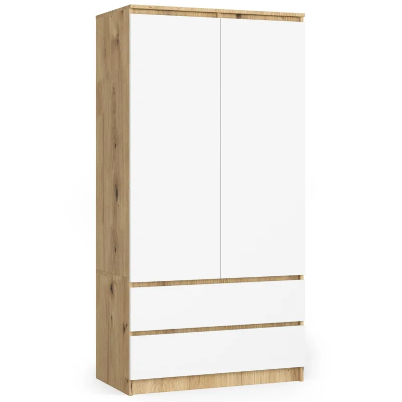 Armario akord s90 roble artisan 90 cm 2 puertas 2 cajones frente en color blanco 4 estantes 90x51x180 cm