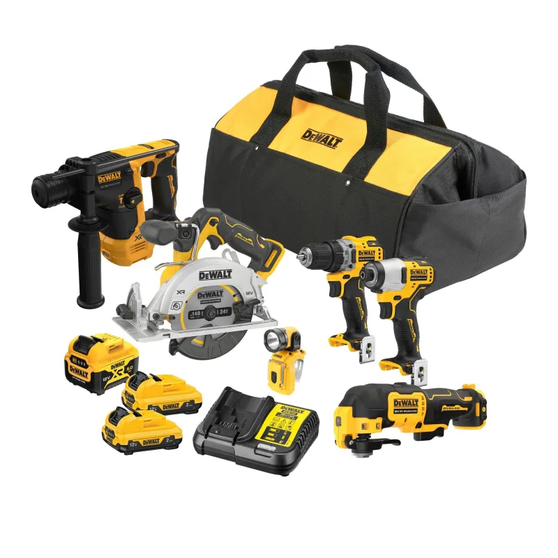 Kit dewalt 12v. taladro + atornillador impacto + martillo + sierra circular + multiherramienta + lámpara + 3 baterías - con motor brushless