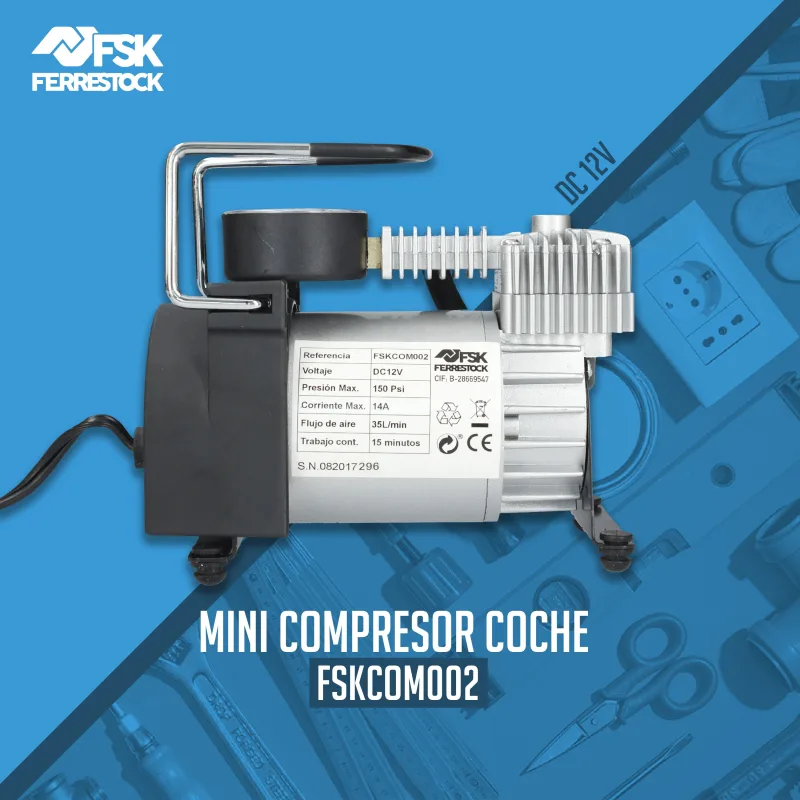 Ferrestock fskcom002 mini compresor de aire reforzado de 12v para toma de automovil para inflar neumáticos de coche, moto, bicic