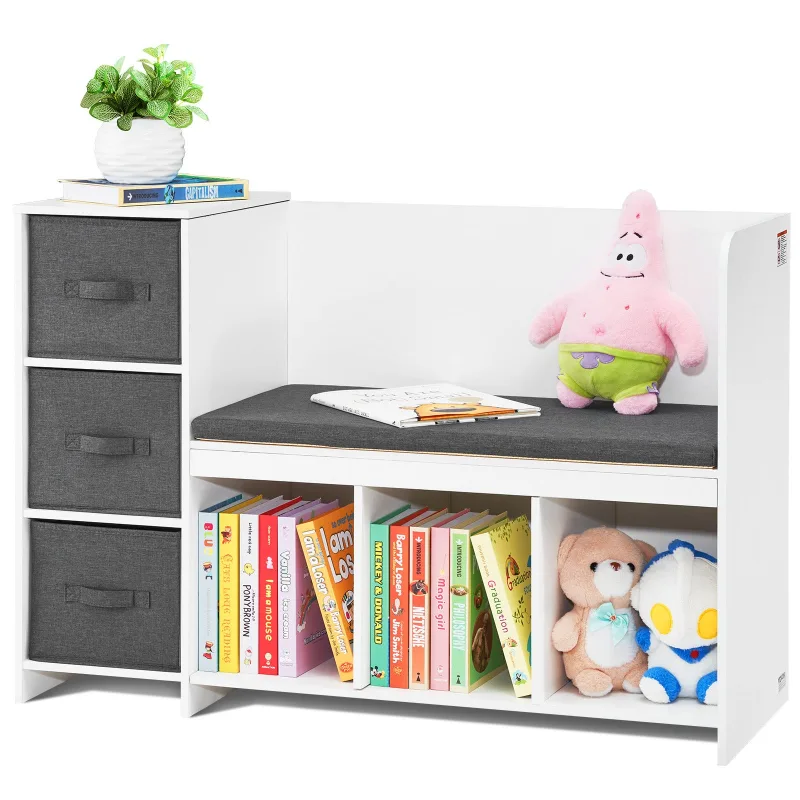 Banco lectura para niños,vevor librería y estante con cojín de asiento extraíble,banco de almacenamiento de 6 compartimentos con 3 cajones,blanco