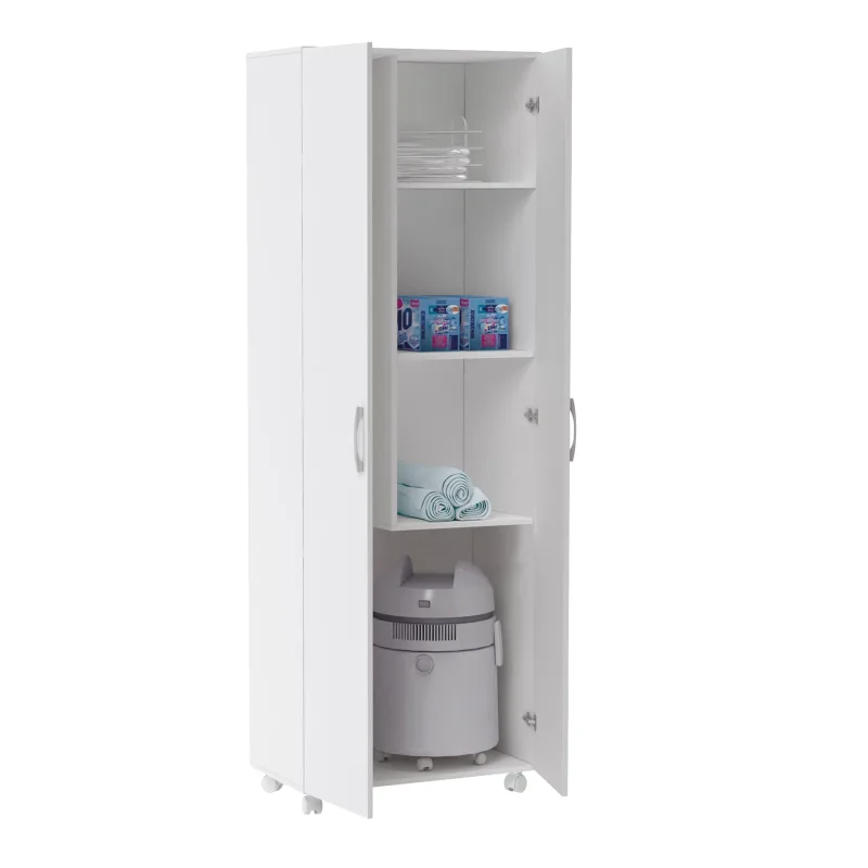 Armario escobero multiusos dos puertas, ruedas, color blanco (alto 183 / ancho 72 / fondo 41) cm