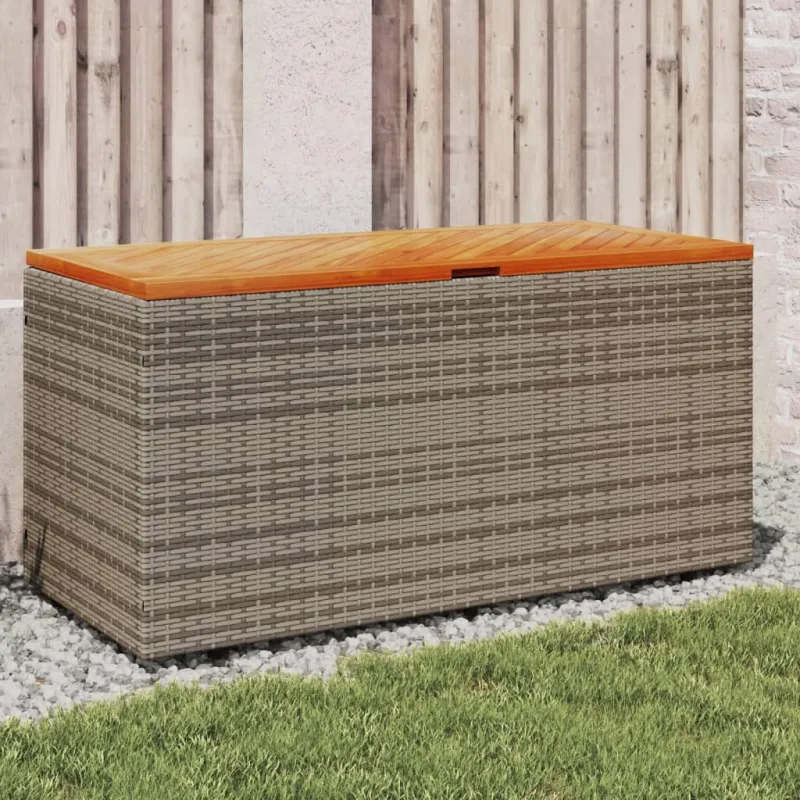 Caja de almacenamiento de jardín gris de resina tejida de madera de acacia