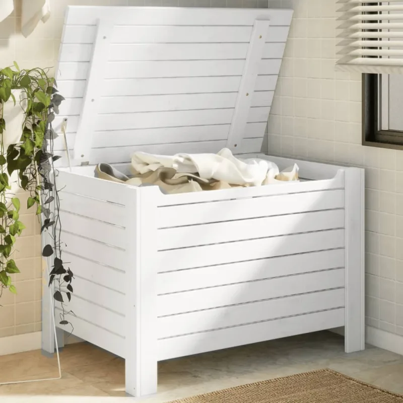Caja de almacenamiento con tapa rana madera de pino maciza blanca